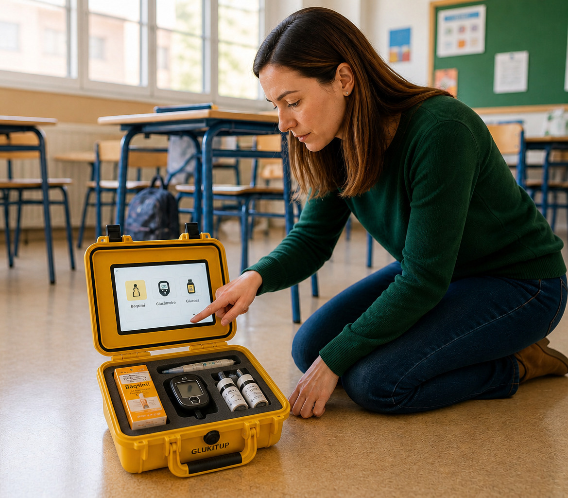 Profesora usando GLUkitUP en un colegio