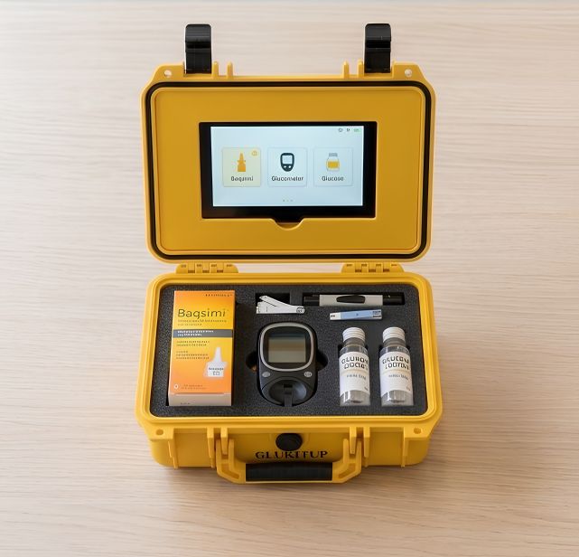Kit GLUkitUP abierto con Baqsimi, glucómetro y glucosa líquida